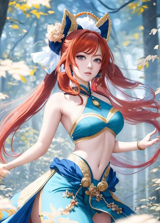 Prompt: woman beautiful, nilou genshin impact, beautiful big eyes, high definition, long red hair, big chest, hair tied in two ponytails, dark, natural fleshtones, soft light, forest background, detailed painting, looking at viewer, five fingers on each hand, photography, detailed skin, realistic, photo-realistic, 8k, highly detailed, full length frame, High detail Golden light, piercing, art deco green, diffused soft lighting, sharp focus, hyperrealism, cinematic lighting, full body without clothes, 4k, UHD, Unreal engine black back ground