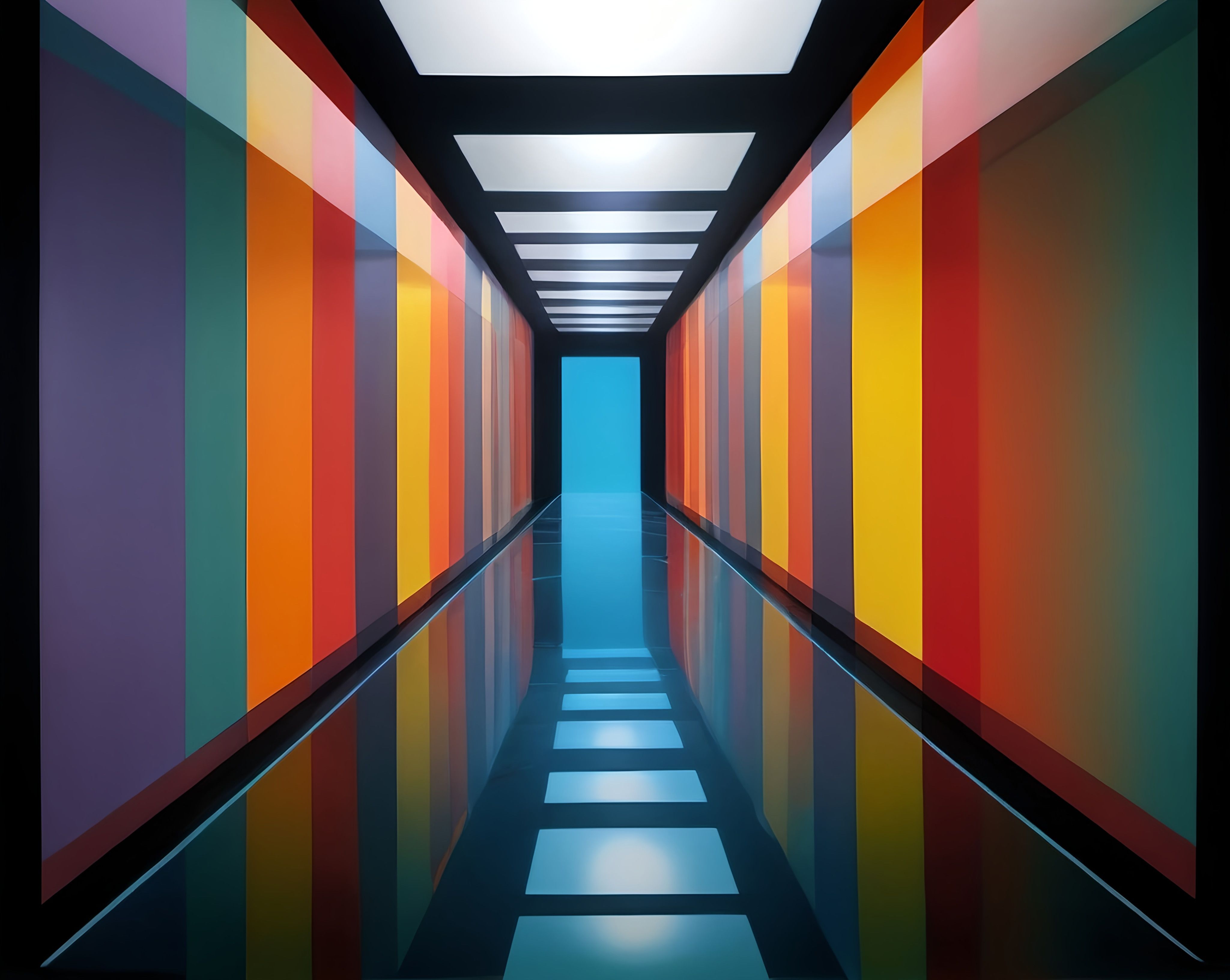 Prompt: a hallway with a long colorful wall, triadic color scheme