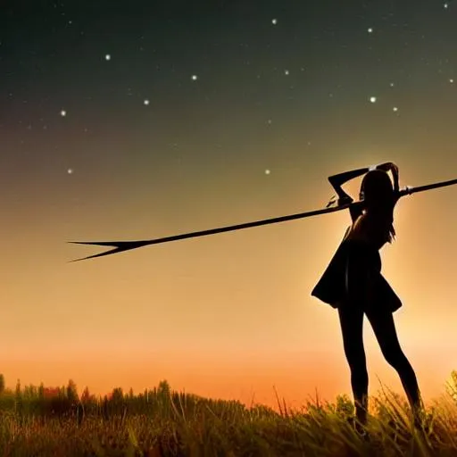 Prompt: Anime girl holding a bow and arrow looking at clouds, backdrop of dawn, Jupiter in background
