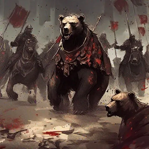 Prompt: (in Splatter art style), Juilek's Demise, Mirannah of Gwylim notes that the first Imperial bear calvary came into use in 2E 23. Scrawled next to this: '10th Legion steed?' and 'Leyawiin bear parade.' I can verify the date, but the latter two must be fiction notes, splattered with bronze shards, Masterpiece, Best Quality 