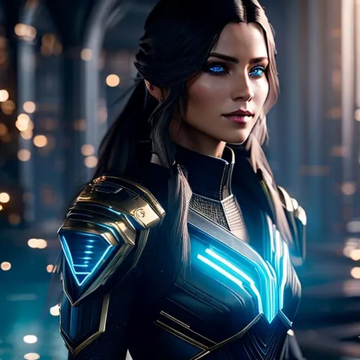 Prompt: The woman featured in the image is exceptionally stunning, with a fair complexion and long dyed hair cascading down, blue eyes,  The photograph captures full body , creating a realistic portrayal that showcases intricate details. Furthermore, the overall aesthetic carries a futuristic essence, adding an additional layer of sophistication. unreal engine 4k