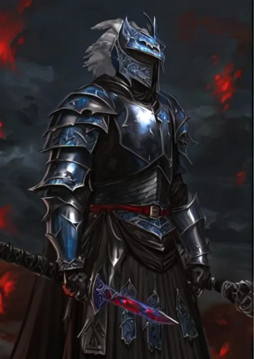 Prompt: A medieval Dark Knight in dragon scale armor with glowing blue eyes peeking out of the helmed and a Dark cloud trails behind him. He would carry a broad Longsword decorated with a small dragonscull in his right hand. His chest armor has a red gem in the center.