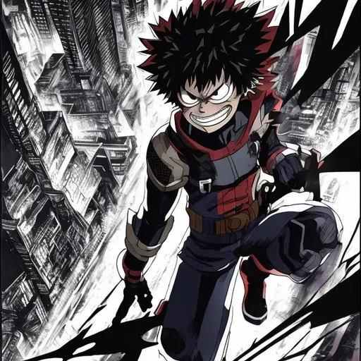 Prompt: My hero academia bakugo as villain. Very Dark image with lots of shadows. Background partially destroyed neo Tokyo. Noir anime. Gritty. Detailed. Accurate face and uniform.