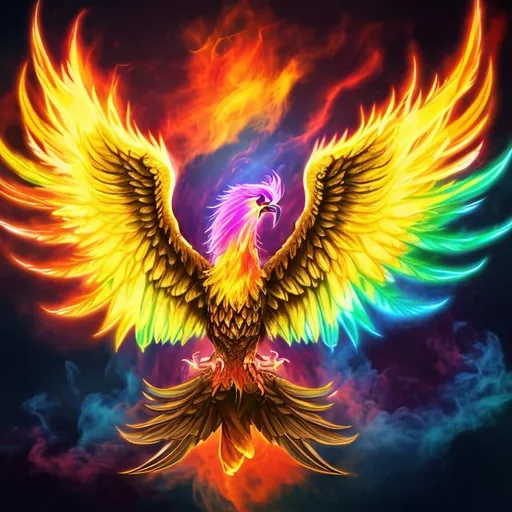 Prompt: Rainbow phoenix rising, chest up and wings out, black flames background