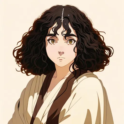 Draw girl in 90' anime style whit black curly hair and brown eyes