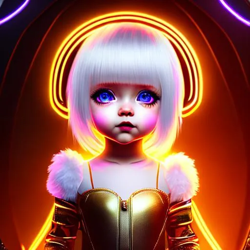 Prompt: little girl fullbody, white short hair, w a full transparent helmet robotically glowing in a lights room w big eyes,   golden ratio, neon lighting, deep colors, symmetrical face, accurate anatomy, ultra-fine details, soft contrast, wide shot.