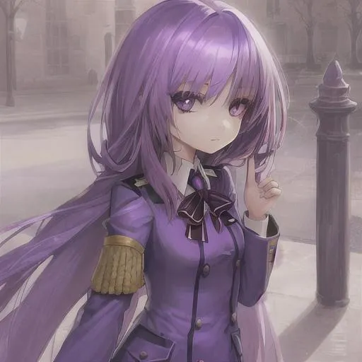 Prompt: young girl saphir shining eyes, long purple hair, uniform