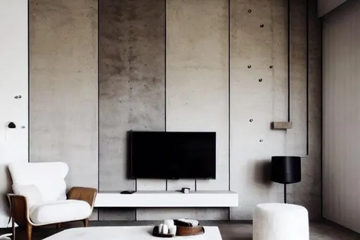 Prompt: Concrete minimalistic room with beige And white elements. And dark wood elements.