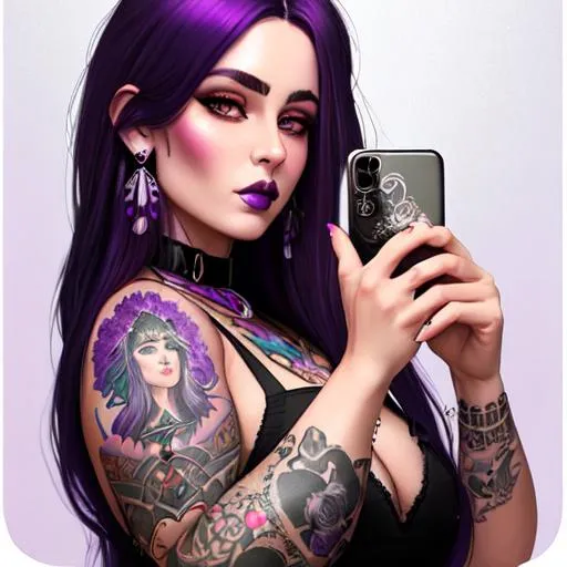 Prompt: the perfect beautiful hippy stoner chick with gothic tattoos symmetrical face voluminous curves and thick perfect lips and purple hair taking a selfie with an iPhone , oil painting, by greg rutkowski, Hd high contrast, 4k, 