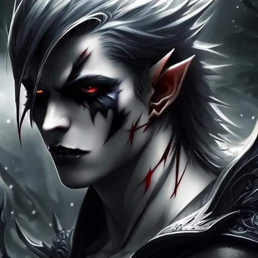 Prompt: Fantasy art style, Handsome vampire, red eyes, teeth, fangs, vampire teeth, scars on body, scars on face, long black hair, pale skin, evil, muscular, shirtless, scars, scar, scar on face, claws, fangs, giant, tall, scar, cruel, mean, ethereal, elf elvish, detailed, detailed face, hyper detailed, handsome , full body, tall, weapon