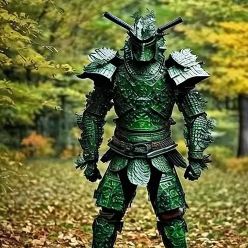 Prompt: Realistic green camouflage armor made of steel leaves Samurai 
