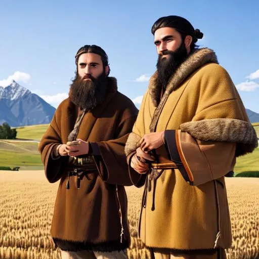 Prompt: Two young tan men wearing ancient primitive tribal fur clothes. harvesting wheat and herding sheep. beards, short black hair, green eyes