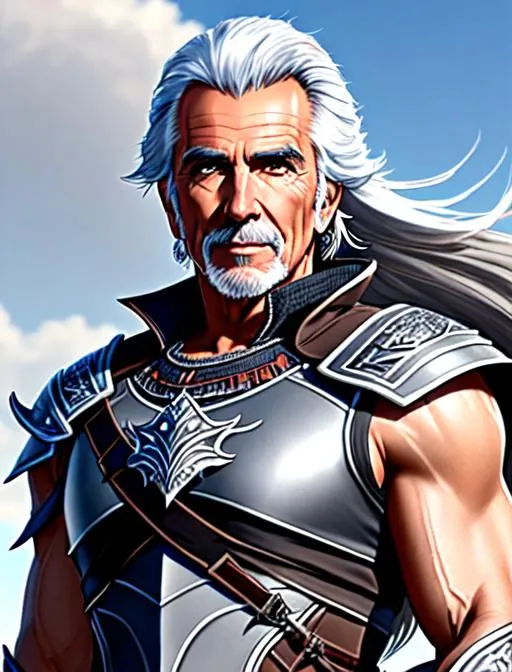 Prompt: Ricardo Montalban, older male, wearing tribal cueitl dragoon armor from FFXIV outfit, battlefield, sleeveless, grey hair, brown eyes, ethereal, happy, jewelry set balayage wild hair, royal vibe, highly detailed, digital painting, Trending on artstation , HD quality, tan skin,artgerm,  by Ilya Kuvshinov 