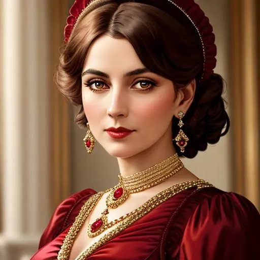 Prompt: Wealthy, stylish lady of the Victorian era, wearing ruby and gold jewelry, wearing ,facial closeup