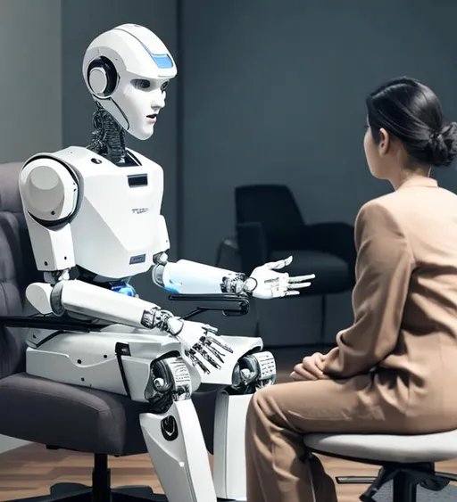 Prompt: A robot therapist giving therapy to a human patient sitting in a chair. The robot and human patient are facing each other 
