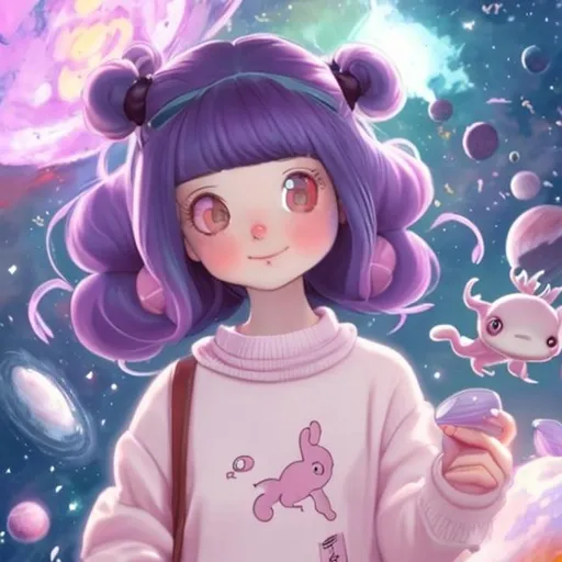 Prompt: A girl with dark purple hair in space buns long with axolotl features and a light pink sweater and light pink eyes