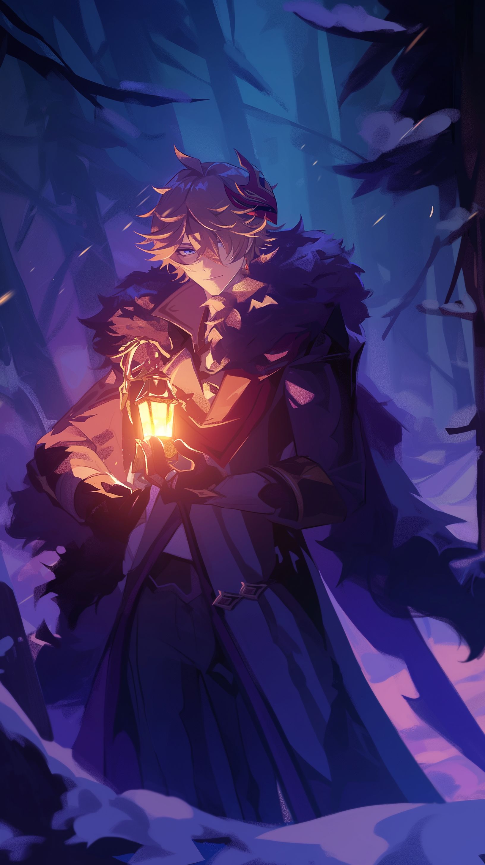 Prompt: tartaglia from genshin impact, in a dark forest with wide trunks, fur and pine trees only, very dark, you can see him and the lantern beam emiting from the lantern he is hold, he is looking for you, you are lost, blizzard, dark, --niji 6 --ar 9:16 