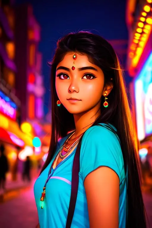 Prompt: Studio Ghibli anime style, vivid colors, HDR, photo of an Indian  17 year old woman posing, detailed face, detailed skin, on the Street, night, neon light, dark, cinematic, depth of field, low iso