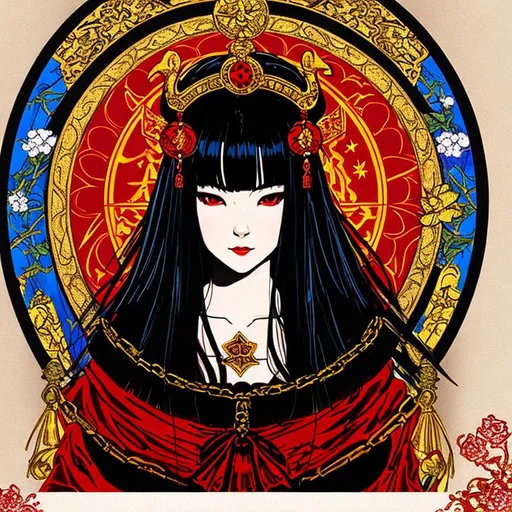 Prompt: Concept art painting tarot card style of Japanese Hell girl . She was condemn to serve the god of the underworld to take the souls of the dead