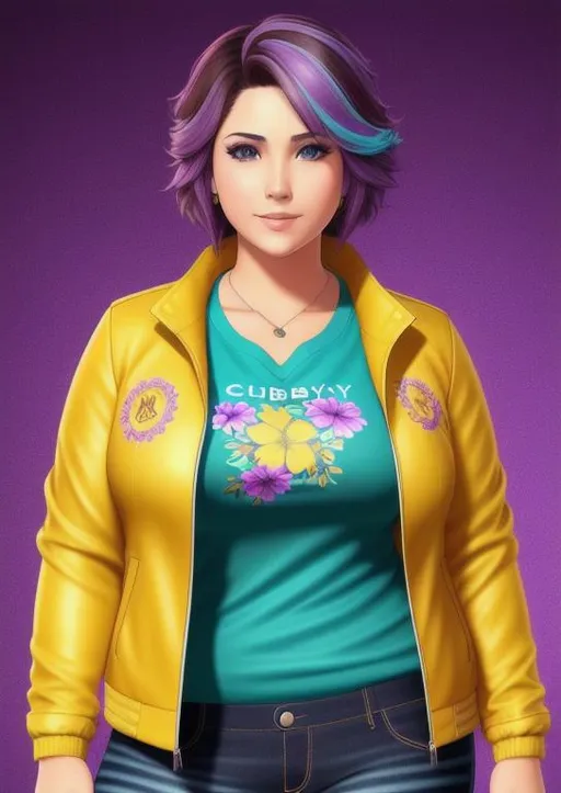 Prompt: 1female character chubby with short brown hair, that has purple shading and turquoise highlights, Dark blue eyes. Wearing a yellow floral t-shirt under a purple checked jacket, jeans tight, Very detailed clothing, very detailed face Full body