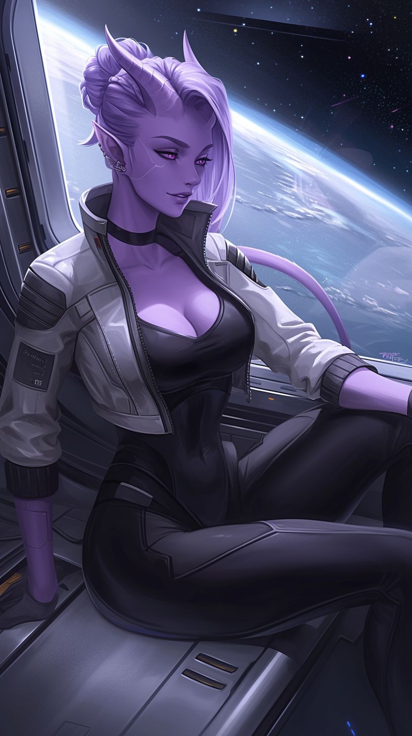 Prompt:  Portrait of a tiefling, light purple skin, fitted sci-fi space white cyberpunk jacket, black bodysuit, curves, black with white highlights, female, sitting casually against a window in a spaceship, looking outside, deep space, in space dungeons and dragons character, pensive, fantasy concept art, critical role, legend of vox machina, low cut, keyhole, reflection, ultra-detailed, high definition, reflections