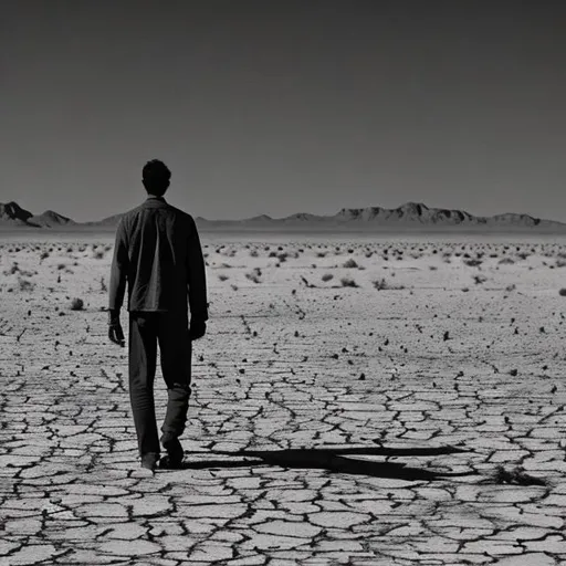 Prompt: a sad, aesthetic scene of man walking in desert, broken, sad, betrayed 