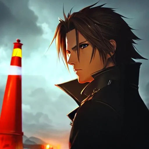 Prompt: A very dramatic portrait of Squall from Final Fantasy being watched by a traffic cone, dramatic lighting