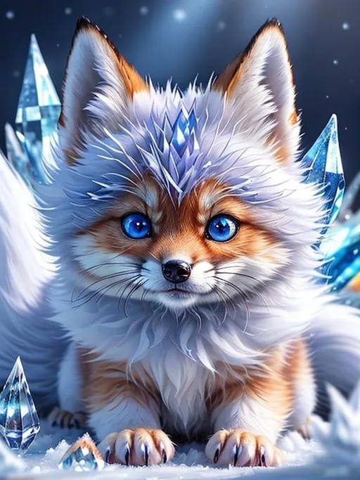 Prompt: (masterpiece, professional oil painting, epic digital art, best quality:1.5), insanely beautiful tiny ((fox kit)), (canine quadruped), ice elemental, silky silver-blue fur covered in frost, timid, ((insanely detailed alert crystal blue eyes, sharp focus eyes)), gorgeous 8k eyes, fluffy silver neck ruff covered in frost, two tails, (plump), fluffy chest, enchanted, magical, finely detailed fur, hyper detailed fur, (soft silky insanely detailed fur), presenting magical jewel, moonlight beaming through clouds, lying in frosted meadow, grassy field covered in frost, cool colors, professional, symmetric, golden ratio, unreal engine, depth, volumetric lighting, rich oil medium, (brilliant auroras), (ice storm), full body focus, beautifully detailed background, cinematic, 64K, UHD, intricate detail, high quality, high detail, masterpiece, intricate facial detail, high quality, detailed face, intricate quality, intricate eye detail, highly detailed, high resolution scan, intricate detailed, highly detailed face, very detailed, high resolution