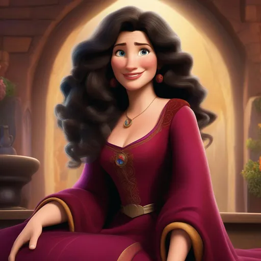 Prompt: kathryn hahn as the animated character young mother gothel in disney's animated movie tangled with black curly hair