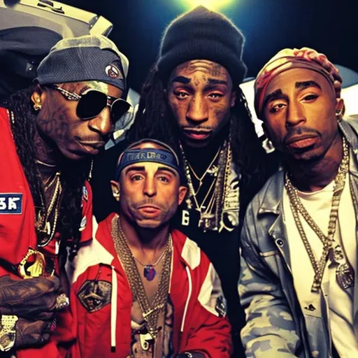 Prompt: lil wayne with tupac and joe rogan in space smoking a blunt sitting on monry