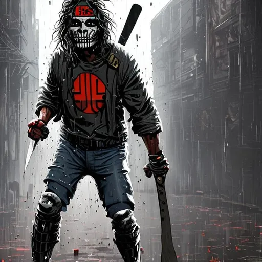 Prompt: Casey Jones wearing hokey mask dark ally raining full body shot