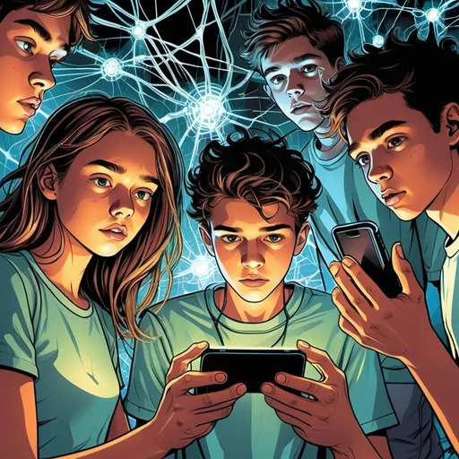 Prompt: Create a highly detailed comic book-style illustration depicting a group of teenagers deeply immersed in their cell phones, physically connected to their devices in a surreal and visually striking way. Their hands and fingers should seamlessly merge with the screens, as if fused together, while glowing digital veins spread up their arms like circuitry. Some teens should have cables or tendrils extending from their phones, wrapping around their limbs or even connecting directly to their heads, symbolizing a complete digital dependency. Their eyes should reflect the hypnotic glow of their screens, with expressions ranging from pure fascination to subtle unease, as if trapped in a digital trance. 

Surround the scene with floating app icons, notification bubbles, and cascading lines of code, emphasizing the overwhelming presence of technology in their world. The background could feature a cyberpunk-inspired cityscape or a more abstract, glitchy digital void, further enhancing the theme of technological entanglement. Use bold, high-contrast colors—neon blues, deep purples, and electric pinks—to create a striking, futuristic aesthetic. The composition should be dynamic, with exaggerated poses and dramatic lighting to highlight the intensity of their connection. The overall mood should evoke both the allure and the dangers of constant digital engagement, making the viewer question whether these characters are in control or being controlled by their devices.