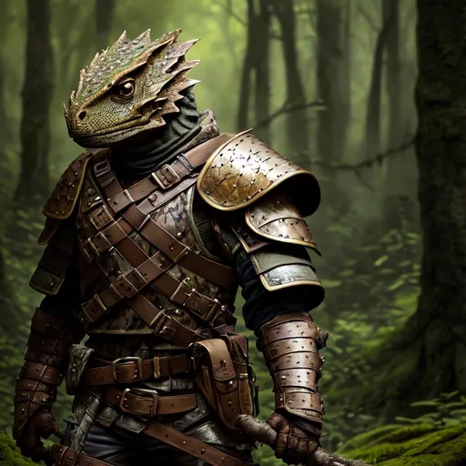 portrait of a (Green and Brown dragonborn Ranger hun