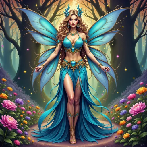 Prompt: a woman dressed in a blue fairy costume standing in a forest with flowers and trees in the background,, Anne Stokes, fantasy art, enchanting, a storybook illustration