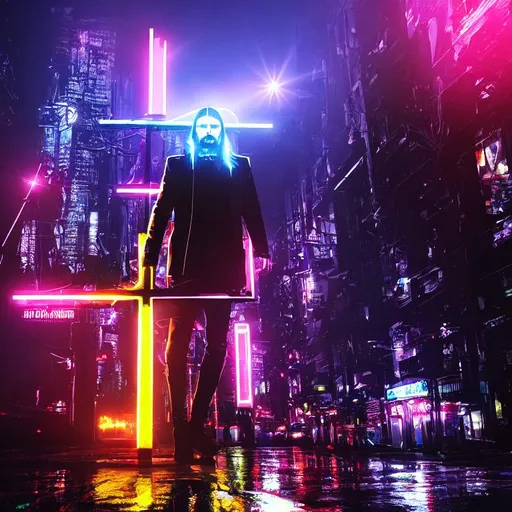 Prompt: digital art, jesus as a technomancer , neon lights, crucified in the rain, night, big city, face visible, front-facing, side-look, close-up, cyberpunk