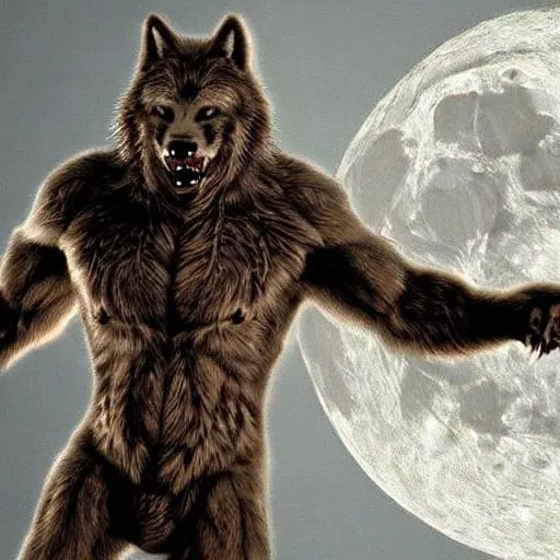 Prompt: Hyper realistic Bipedal Wolfman, or Werewolf, in forest, full moon, horror, terror, bodybuilding upper body Muscles , brown fur, with red eyes! Claws. 7 feet tall, and sinister, and fighting Sasquatch! Vicious 