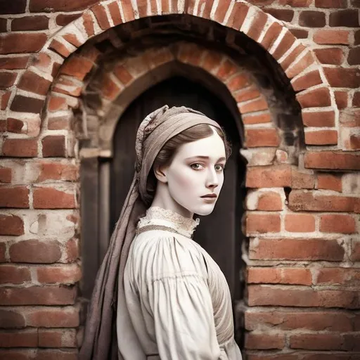 Prompt: most beautiful woman realistic photograph of a person dressed in 1450s fashion, posing against an old brick building.