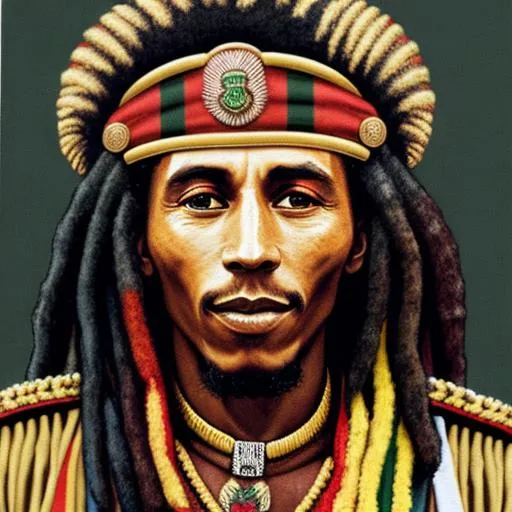 Prompt: Portrait of bob marley as a german military fascist leader with red black green military badges and medals and african mask, well decorated, 5 star general