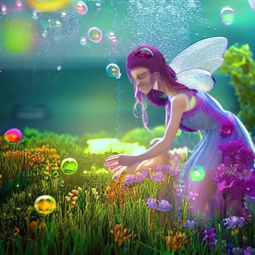 Prompt: fairy, bubbles, flowers, underwater, highly detailed, 3d blender render, heavenly lighting, meadow