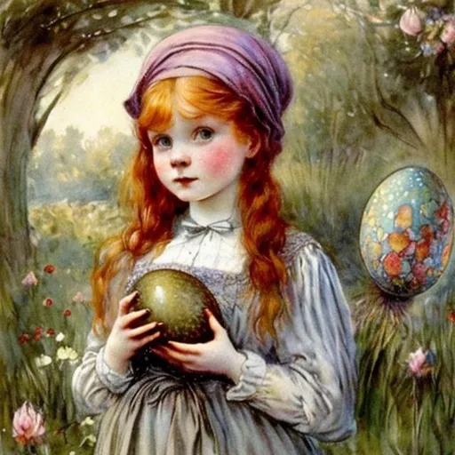 Prompt: Victorian girl, red hair, bonnet,  holding a dragon egg, style of Cicely Mary Barker