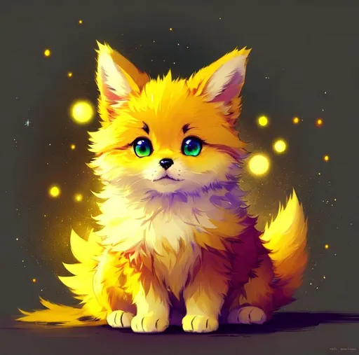 Prompt: Cute, yellow, fluffy, fantasy light puppy, with lighting, yellow eyes, yellow fur, and possessing the element of space and making circles of lighting stripes
 move around in the air in a magical way, in a space background. Perfect features, extremely detailed, realistic. Krenz Cushart + loish +gaston bussiere +craig mullins, j. c. leyendecker +Artgerm.