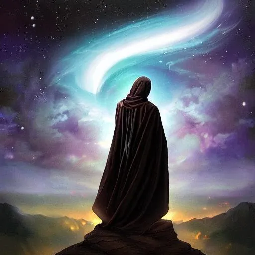 Prompt: Cloaked god facing  
 heavens dawn
