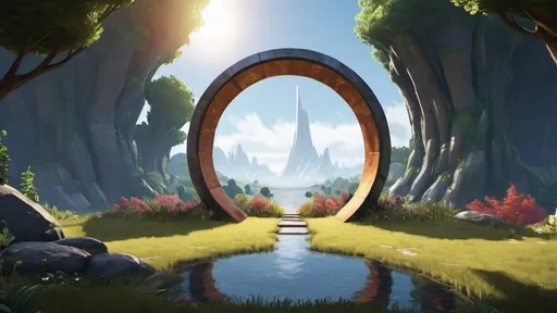 Prompt: circular portal, gateway between realms seasons biomes worlds, ring standing on edge, freestanding ring, complete ring, panoramic view