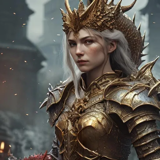 Prompt: Create a photograph of a beautiful fictional female human that is a dragon knight, with red dragon gilded armor, sword in hand and crown in head, extremely, detailed environment, detailed background, intricate, detailed skin, natural colors , professionally color graded, photorealism, 8k, moody lighting
