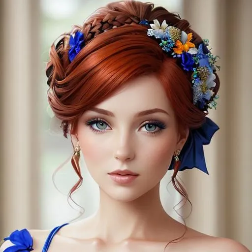 Prompt: Beautiful woman portrait wearing blue, elaborate updo hairstyle,auburn hair, adorned with flowers
