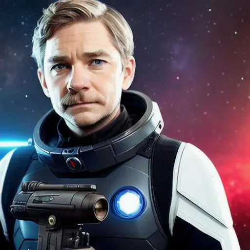 Prompt: Martin Freeman with a moustache as a sci-fi space soldier, holding a laser gun