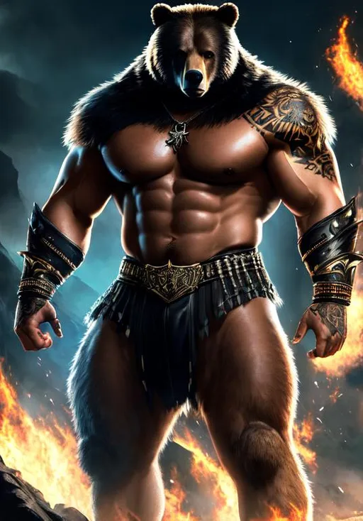 Prompt: UHD, , 8k, high quality, poster art, (( Aleksi Briclot art style)), hyper realism, Very detailed, full body, muscular, were bear, view of a middle aged man, tribal tattoo, black hair, dark eyes, claws. black leather armor, dynamic pose, mythical, ultra high resolution, light and shading in 8k, ultra defined. 