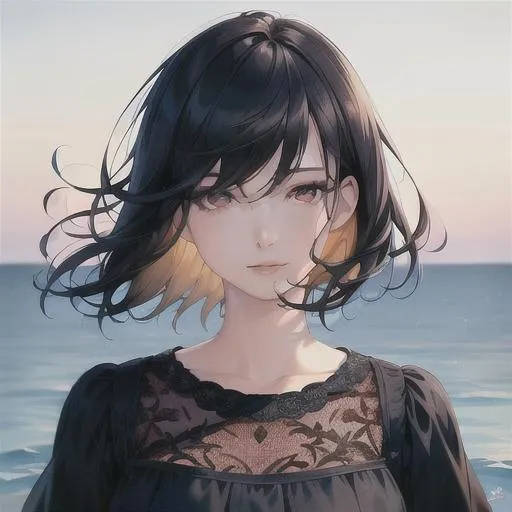 Prompt: (masterpiece, illustration, best quality:1.2), head titled sideways, floatingin the ocean, short trimmed black hair, black eyes, best quality face, best quality, best quality skin, best quality eyes, best quality lips, ultra-detailed eyes, ultra-detailed hair, ultra-detailed, illustration, colorful, soft glow, 1 girl