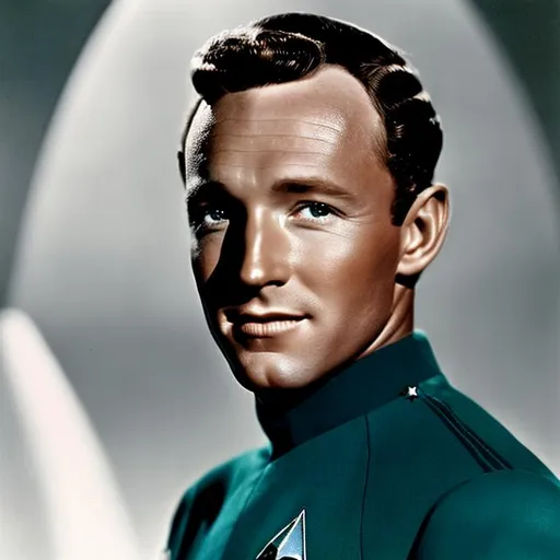 Prompt: A portrait of Bing Crosby, wearing a Starfleet uniform, in the style of the Star Trek movies.