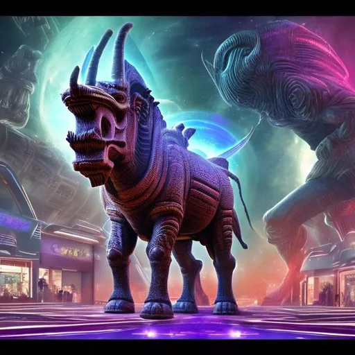 Prompt: Assyrian Lamassu playing space bass guitar in an alien mall, widescreen, infinity vanishing point, galaxy background, surprise easter egg